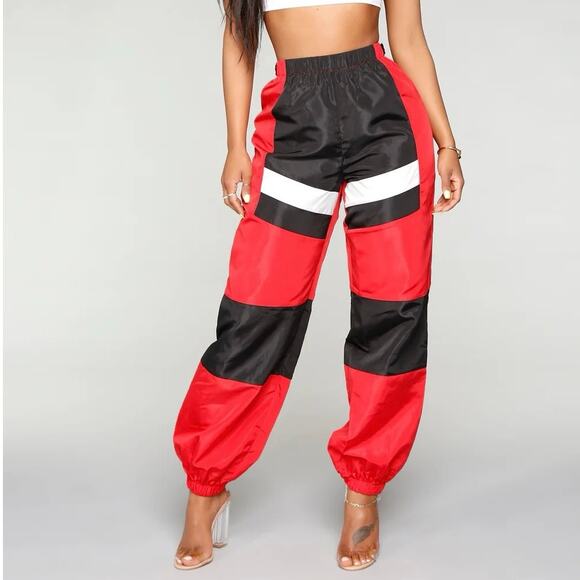 Fashion Nova Pants - Fashion Nova Track Pants Size L Red Black Nylon Elastic Waist